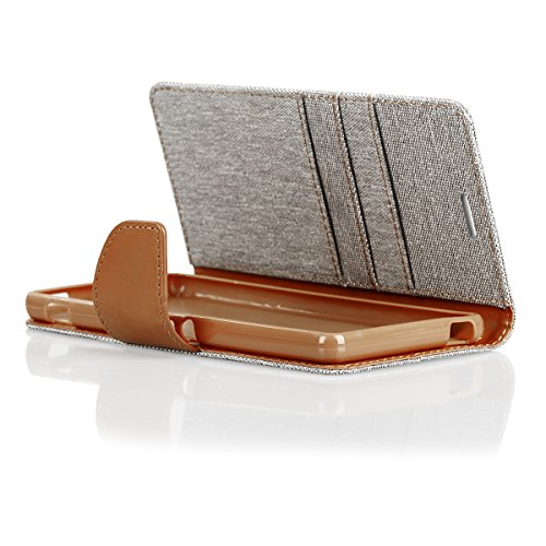 EGO   Luxury Bookstyle Handy Tasche mit praktischer Aufstellfuntkion f  r Sony Xperia M4 Aqua Grau Flip Case Magnetverschluss Book Cover mit Kartenfac