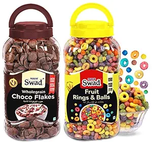 Swad Fruit Rings N Balls & Choco Flakes, Combo of 2 Jars (High Fibre Breakfast Cereals Chocos Froot Loops Kids) Jar, 660 g