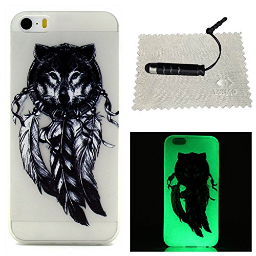 iPhone 5s Painted TPU Luminous Shell,TOCASO Creative Phone Case Silicone Gel Skin Transparent Cover,Novelty Protective Back Case for iPhone 5s,Slim Fit Bumper Shell Cases with Black Stylus and Clean Cloths for Apple iPhone 5 / iPhone 5S - Wolf Campanula