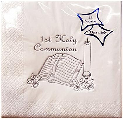 NPK First Holy Communion Design Foil Printed Napkins (Pack Of 15) (One Size) (White/Silver)