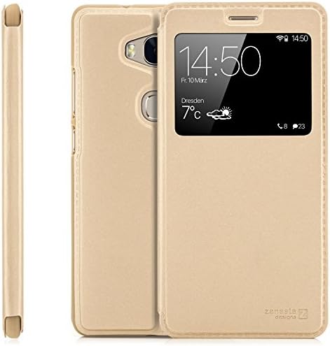 Zanasta Designs Huawei Honor 5X (KIW-L21) Case Protector Flip Cover Phone Wallet/View Flip Case with Window, High Quality Premium [Slim Profile] Gold
