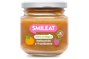 Smileat - Tarrito de Frutas Ecológicas con Melocotón y Frambuesa para peques +6 Meses - Sin Azúcar Añadido, Sin Sal, Sin Leche, Sin Huevos - 130g