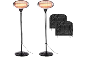 Set of 2 Heatlab 2kW IPX4 Outdoor Indoor Freestanding Electric Quartz Bulb Garden Patio Heaters - 3 Power Settings with Dust and Rain Covers