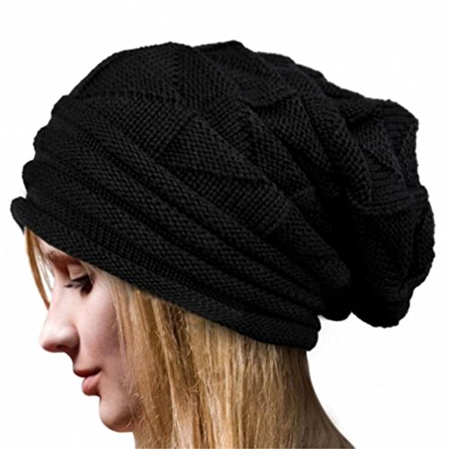 OHQ Femmes Hiver Crochet Chapeau Laine Knit Beanie Chapeaux Chauds (Noir)