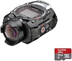 Ricoh WG-M1 Cam&eacute;ra  &eacute;tanche miniature + Dragonne avec Mousqueton + Support adh&eacute;sif + Carte Micro SD 16 Go 14 Mpix Noir