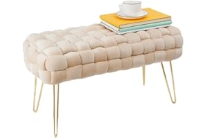 Madera Nieve Banco de cosmética Moderno de Terciopelo, otomano Rectangular con Patas de Metal Dorado, Taburete Acolchado, Asiento de Tejido Terciopelo (Beige, 38P x 70An x 41.5Al cm)