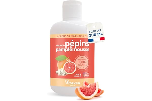 Vitavea - Extrait de Pépins de Pamplemousse 200 ml + Vitamine C - Booste les défenses naturelles - Forte concentration en bioflavonoïdes - Immunité - 200 jours - Fabriqué en France