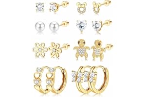 LOLIAS 10 Paires Boucles d'oreilles pour Femmes Filles Acier Inoxydable Coeur Multicolore Fleur Papillon Arc-en-Ciel CZ Boucles d'oreilles Hypoallergéniques Boucle d'oreille à Visser