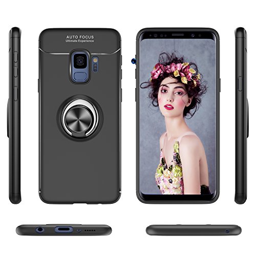 HandyhÃ¼lle Samsung Galaxy S9 HÃ¼lle mit HD- Schutzfolie,LeYi Neu Original Handy HÃ¼lle S9 HÃ¼lle Case mit Metall 360 Rotation Verstellbarer Ring Grip Stand Halter StÃ¤nder Personalized Design Kompatibel mit Magnetischer Autohalterung,UltradÃ¼nnen Ultra Slim Fit StoÃŸdÃ¤mpfung Anti-Scratch Silikon StoÃŸfÃ¤nger Bumper Anti-Fingerprint Soft Flexible TPU Smartphone SchutzhÃ¼lle fÃ¼r Samsung Galaxy s9 HandyhÃ¼lle Handycover Men JSZH-TPU Black