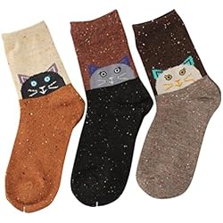 Calcetines de Algodón de Mujeres-3 Pares, LILICAT® Calcetines Casuales de Diseño de Dibujos Animados Lindo, Calcetines de Lana Suave de Moda, Medias y calcetines para adultos (Gato - 3 P)