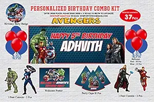 WoW Party Studio Personalized Avengers Super Heros Theme Happy Birthday Party Decorations Supplies with Birthday Boy/Girl Name & Age - Combo Kit #2 (37 Pcs)