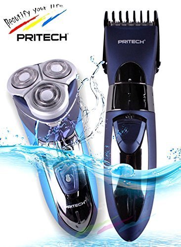 Waterproof Rechargeable Electric Razor Pritech- - 3 Swivel heads Trimmer + - Wireless - Colour blue - 717