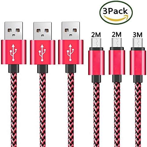 Micro USB Cable [ 3-Pack 2M 2M 3M] High Speed USB 2.0 Sync and Charging Cables for Samsung HTC Motorola LG Sony Blackberry Smartphones Tablets, Red