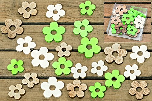 48 Stk Holzblumen hellgrün natur weiss lasiert Shabby Chic Blumen aus Holz Streuteile Dekoherzen Tischdekoration Streu Blumen Holzblüten Hochzeit Landhaus Natur Blüten Naturdeko Shabby Chic Nostalgie Vintage