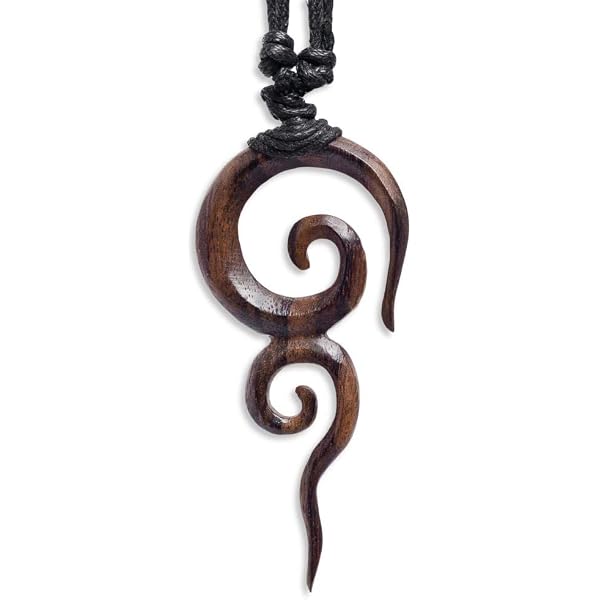 Chic-Net Collana In Cotone Con Ciondolo In Legno Intagliato A Mano – Spirale Marrone E Catena Nera, Diametro 4 Cm, Stile Bohemien - 2
