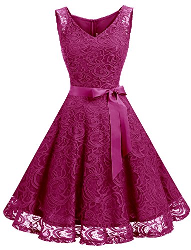 Dressystar DS0010 Robe Femme soirée/Demoiselle d'honneur/Bal Col en V sans Manches Dentelle avec Une Ceinture Fuchsia XS