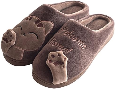 Schuhchan Women Plush Home Slippers Cute Cat Indoor Winter Slippers,Coffee UK 9.5-10.5