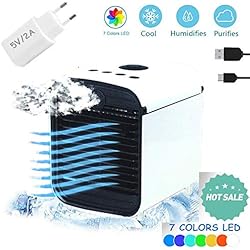 Mini Air Cooler Ventilateur de Refroidissement à Eau Portable avec Ventilateur mini refroidisseur d'air USB et 3 Niveaux de Ventilation 7 Couleurs (Blanc)