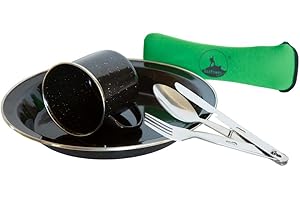 EcoPower Sports Mess kit, 1 Person Camping & Picnic tableware Dining Set, Black Enamel Mug and Plate plus Stainless Steel Cutlery Knife With Bottle Opener, Fork, Spoon and Hygienic Pouch. 6PCS- Black