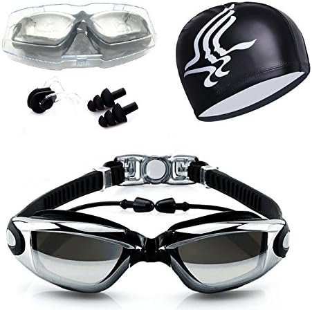 Toexy Swim Goggles with Free Swim Cap, Case, Nose Clip, Earplugs, Clear Swimming Goggles Coated Lens No Leaking Anti-Fog UV Protection for Adult Men Women Youth Kids (Black)