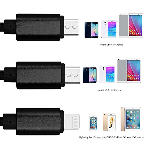 USB Kabel, 3 in 1 Lightning & Micro USB Nylon geflochtenes Ladekabel mit 8 Pin Lightning / Micro USB 2.0 Anschlüsse für iPhone 6 / 6S plus / 5 / SE, iPad Air / mini, Android-Geräte(2 Micro&1 Lightning – Schwarz) - 4