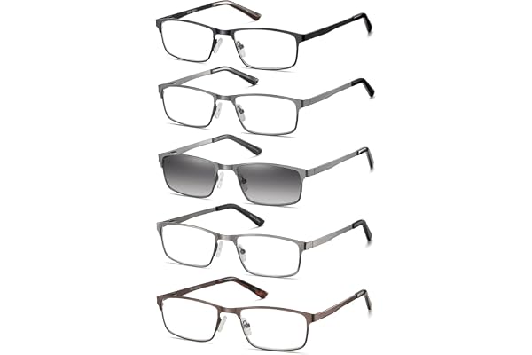 Amcedar 5 Paires Lunettes de Vue Lecture Hommes Rectangulaire style de cadre Acier Inoxydable Materiaux Charniere a ressort Compris Les Soleil Lunettes de Lecture +2.50