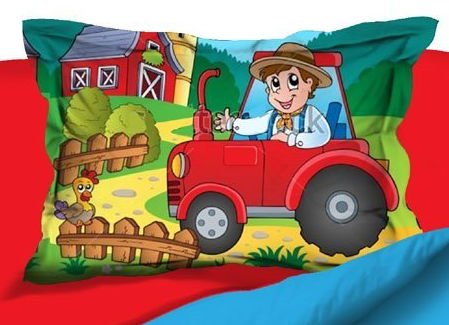 Aminata Kids – süße Kinder-Bettwäsche 100×135 40×60 cm Roter Traktor bunt Bauernhof mit Bauer Jungen und Mädchen - 5