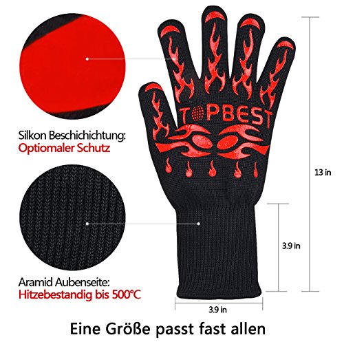 Topbest Hohe Qualität Grillhandschuhe(2er Set) mit Kostenlosen Bear Paws-EN407 Beglaubigte Extrem Hitzebeständige Backhandschuh, Küchenhandschuhe,Ofenhandschuhe – Eine Größe passt fast allen - 2