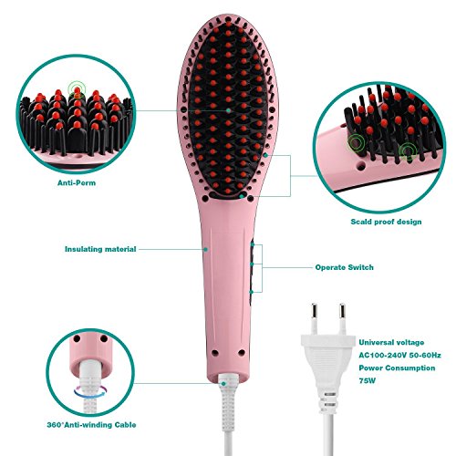 Haarglätter Bürste, Elektrische Digitale Keramik Haarglätter Styling Kamm, Anti statische Elektrizität und Heizung, negative Ion Haarpflege, Message glättende Bügeln, Detangling Haarbürste(pink) - 3
