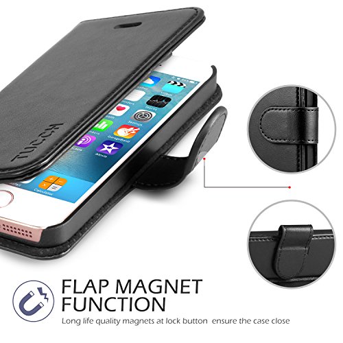 iPhone SE Case, iPhone 5S Wallet Case, TUCCH [Lifetime Warranty]Magnetic Closure Card Holders Money Pouch, Retro Leather Wallet Case Purse Protective Cover Kickstand Function Flip Folio Wallet Case for iPhone 5 / 5S / SE - Black