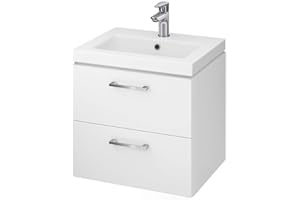 VBChome Waschtischunterschrank 50 cm Waschbecken mit Unterschrank 2 Schubladen Badmöbel weiß Hochglanz Badezimmermöbel hängend