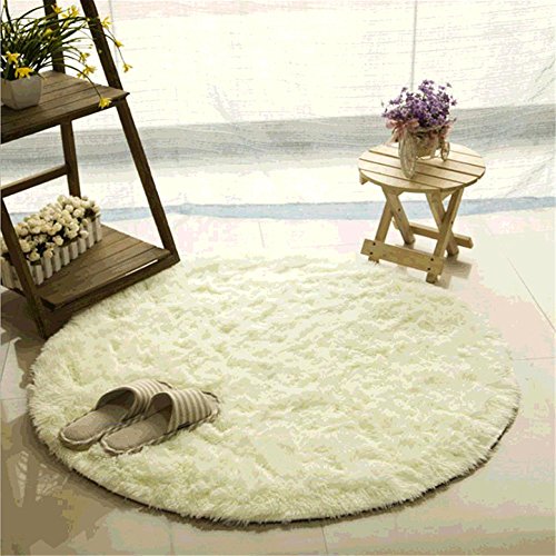 Teppich, CAMAL Runde Seide Wolle Material Yoga Teppich für Wohnzimmer Schlafzimmer und Bad (160cm, Milch Weiß)