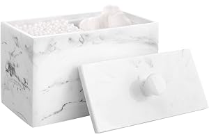 Luxspire Cotton Bud Holder, Resin Cotton Swab Holder Makeup Pads Container Cotton Ball Box Bathroom Jar with Lid, 2 Compartments Q Tips Holder Cotton Buds Dispenser Makeup Organizer, Marble White