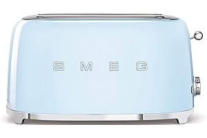 Smeg, Grille-pain 4 Tranches TSF02PBEU, 2 Fentes 36 mm, 6 Niveaux de Brunissage, Fonction Chauffage, Décongélation et Bagel, Éjection Automatique du Pain, Ramasse Miettes, 1500 W, Bleu Clair Pastel