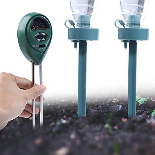 3 in 1 Soil Tester Moisture Meter, Light and PH acidity Tester with 2pcs Automatic Adjustable Flow Rate Drip Watering Spikes for Garden, Farm, Lawn, Indoor &amp; Outdoor