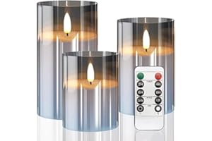 JUAUO Velas LED Efecto Llama, Velas Eléctricas de Vidrio Cera Real con Control Remoto y Temporizador Velas Decorativas para Bodas, Fiestas, Habitaciones, Cumpleaños, Festivales y Decoración Navideña - Gris