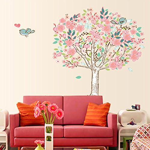 Wallpark Romantic Pink Flower Tree Birds Removable Wall Sticker Decal, Living Room Bedroom Home Nursery Decoration Adhesive DIY Art Wall Mural