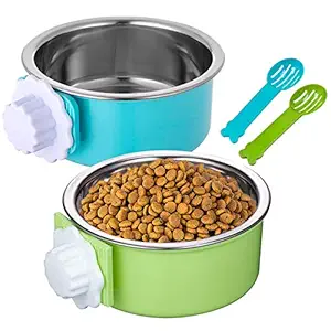 Hamiledyi Crate Dog Bowl,Removable Hanging Stainless Steel Food & Water Feeder Pet Cage Coop Cup with 2 Food Scoops for Kitten, Puppy, Birds, Rats, Guinea Pigs-4Pcs