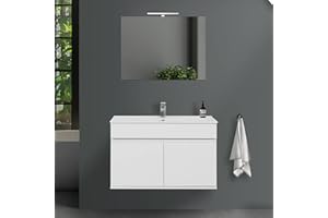 INBAGNO Mobile Bagno sospeso con lavabo in Ceramica e Specchio, cassetti e Ante a Chiusura rallentata, 3 colorazioni Disponibili (90 cm 2 Ante, Bianco Lucido)