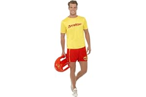 SMIFFY'S Smiffys Baywatch Men's Beach Costume for Adults, Includes Yellow Top & Elastic Waist Shorts with Iconic Baywatch Logo, Officially Licensed, Ideal for Groups, Students, and Lifeguard Beach Fancy Dress