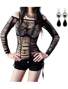 Sitengle Damen Tops Netz-Garn Perspektive Wohnung Schultern Trägerlos Langarmshirt T-Shirts Tee Nachtclubs Party...