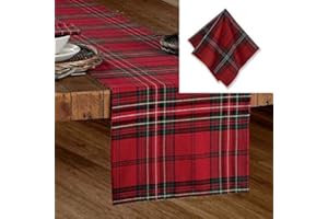 DECOR ESSENTIALS Xmas Royal Stewart Tartan Table Runner and 6 Napkins Set Festive Christmas Dinner Decoration Linen