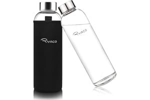 RYACO Vattenflaska i borosilikatglas, 550 ml, BPA-fri, läckagesäker, perfekt för skola, hem, kontor, resor, träning, yoga, varma och kalla drycker, med bärbart fodral i neopren och svampborste