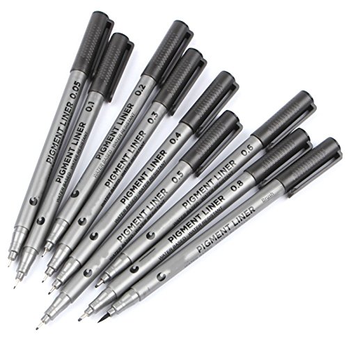 WCOCOW 9 PCS Sketch Fine Point Stifte,0,05–1,0 mm und Bürste , professionelle feine Spitze Zeichnen Kugelschreiber mit schwarzer Tinte für Erwachsene schreiben, technische Fine Line Pen(Fineliner-Black) - 2