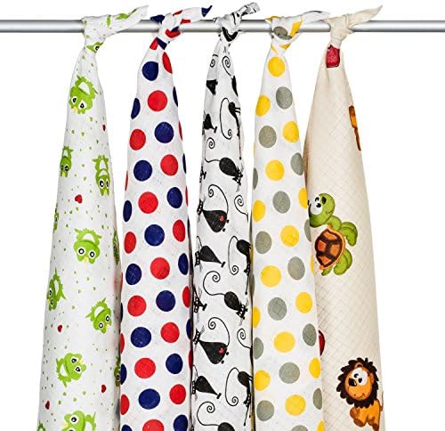 5 x 100% Soft Cotton Baby Muslin Squares, High Quality, Large 80x70, Cool Boy Set. Multiply use: Blanket, Wrap, Face Cloth, Towel, Nappy, Cover, Changing Mat, Bib…