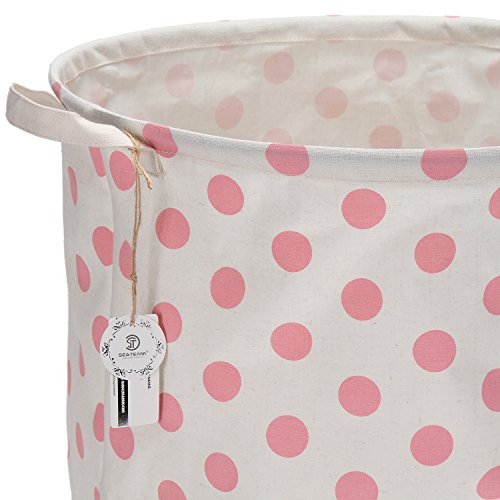 Sea Team 19.7″ Large Sized Waterproof Coating Ramie Cotton Fabric Folding Laundry Hamper Bucket Cylindric Burlap Canvas Storage Basket with Stylish Pink & White Polka Dot Design - 5