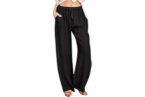 Nuoke Linen Trousers Womens 2026 Casual Summer Fashion Loose Fit Lounge Pants with Pockets Elastic Waist Wide Leg Boho Trouser Ladies Cropped Holiday Tracksuit Bottom Joggers