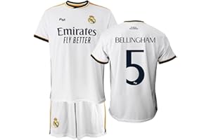 Real Madrid Conjunto Niño Camiseta y Pantalón Primera Equipación de la Temporada 2023-2024 - Bellingham 5 - Replica Oficial con Licencia Oficial - Niño