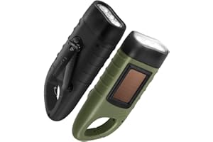 GeeRic 2-Pack Hand Crank Solar Powered LED Flashlight, Emergency Survival Flashlight with Carabiner for Outdoor Sports, Army Green+Black
