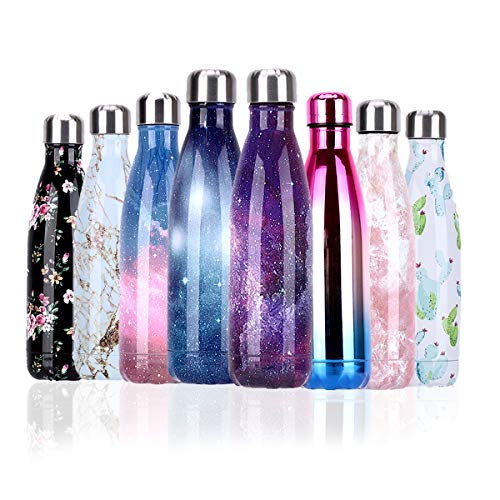 RUNYUE Bottiglia Acqua in Acciaio Inox 500ml, Nuovo Disegno Senza BPA, Isolamento Sottovuoto a Doppia Parete per 24 Ore Freddo & 12 Caldo, Sport, All'aperto, Palestra, Scuola (Viola Cielo Stellato)